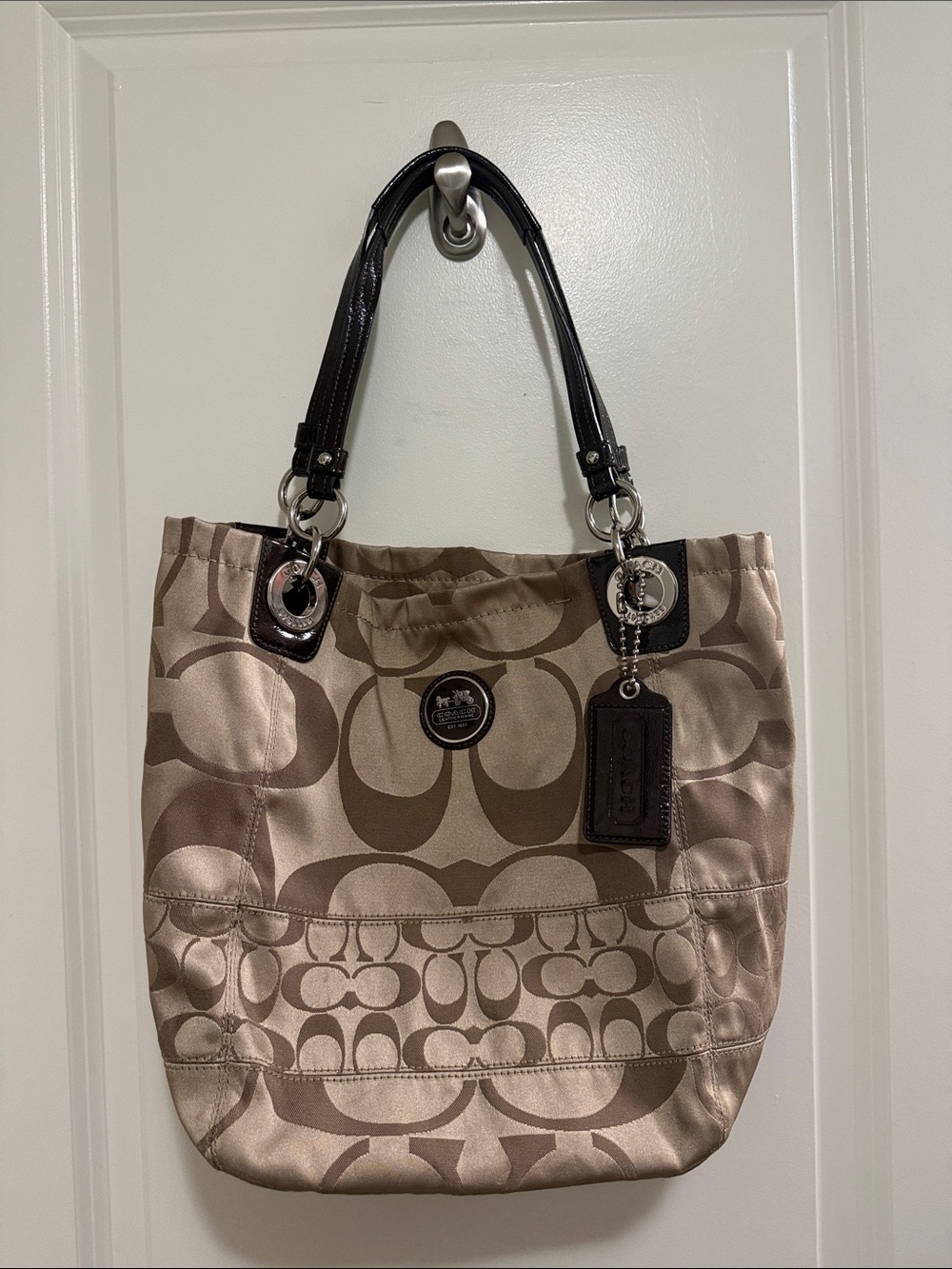Coach Beige and Brown Signature Tote with Dark Brown Leather Handles